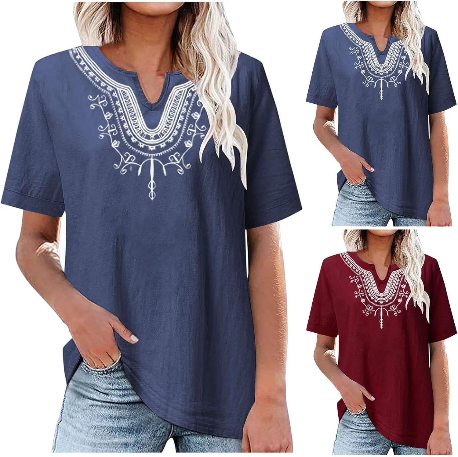 maisdgop Embroidered Tops for Women Fashion Mexican Boho Blouse Casual V Neck Short Sleeve Shirt Comfy Cotton Linen T-Shirt