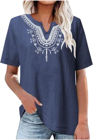 maisdgop Embroidered Tops for Women Fashion Mexican Boho Blouse Casual V Neck Short Sleeve Shirt Comfy Cotton Linen T-Shirt