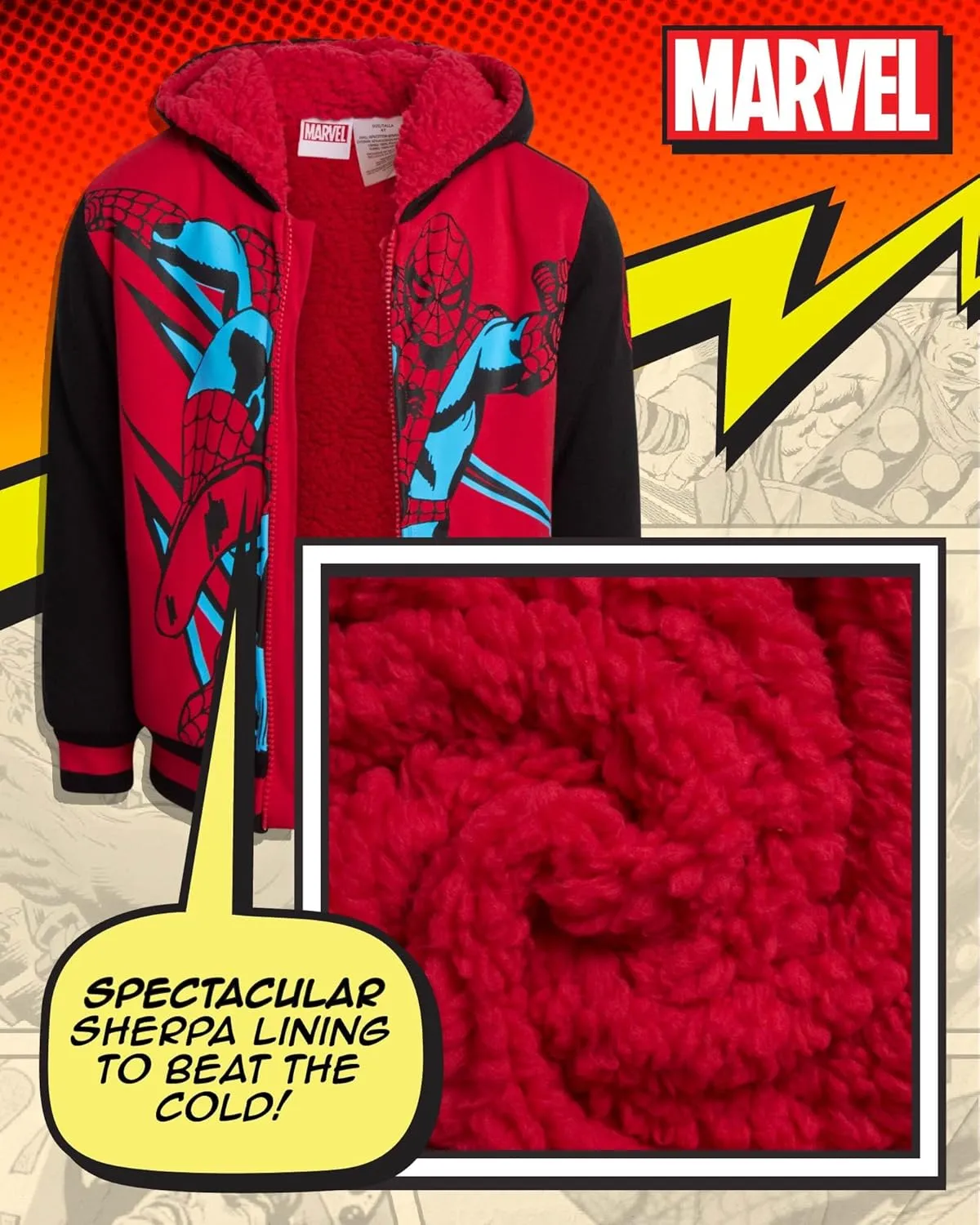Marvel Boys' Sweatshirt - Soft Fleece Fully Sherpa Lined Zip-Up Hoodie - Avengers & Spider-Man Sweatshirts for Boys (3T-7)