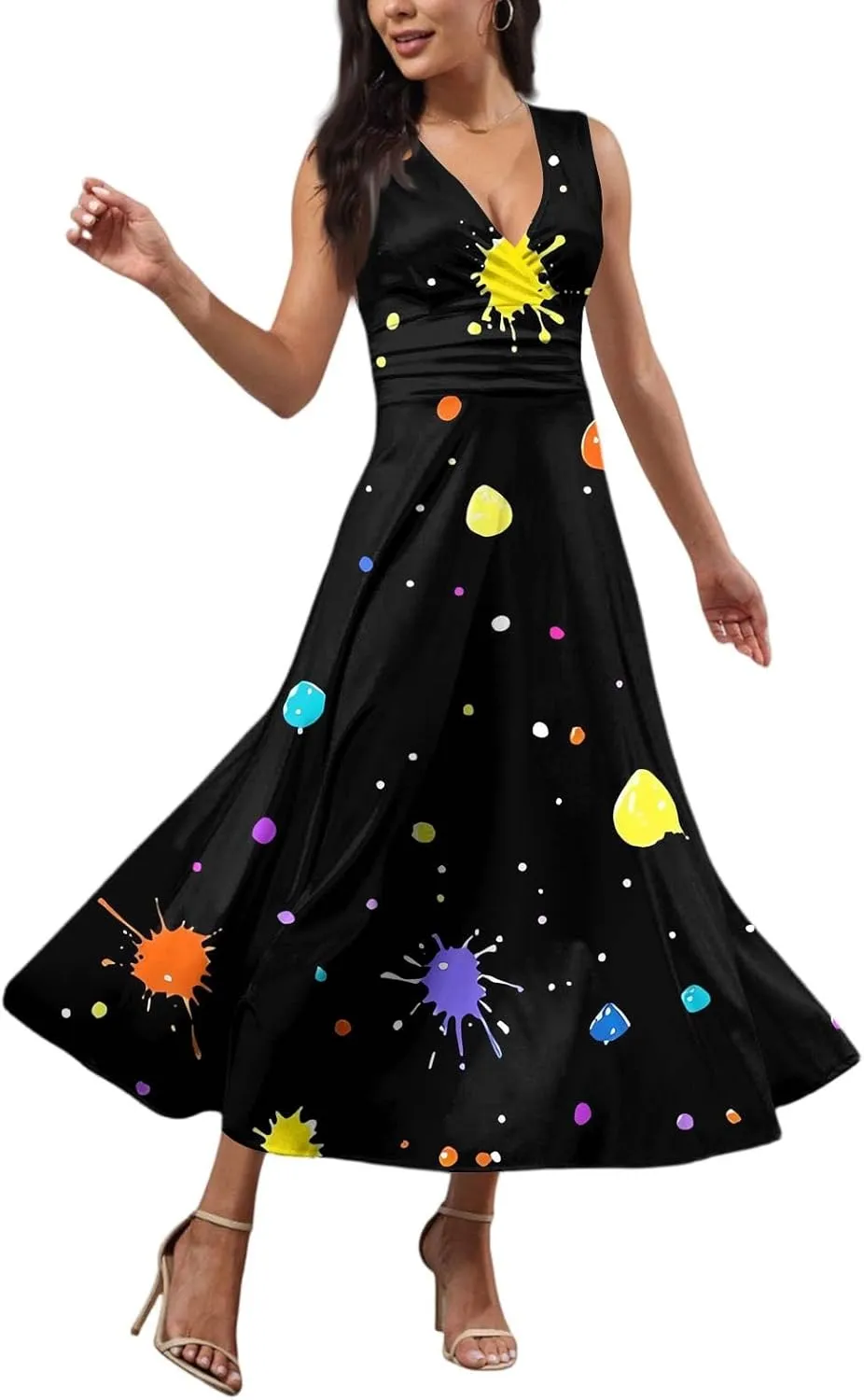 Maxi Dresses for Women 2025 Casual Trendy Summer A Line Flowy Dress Floral V Neck Sleeveless Formal Sundresses