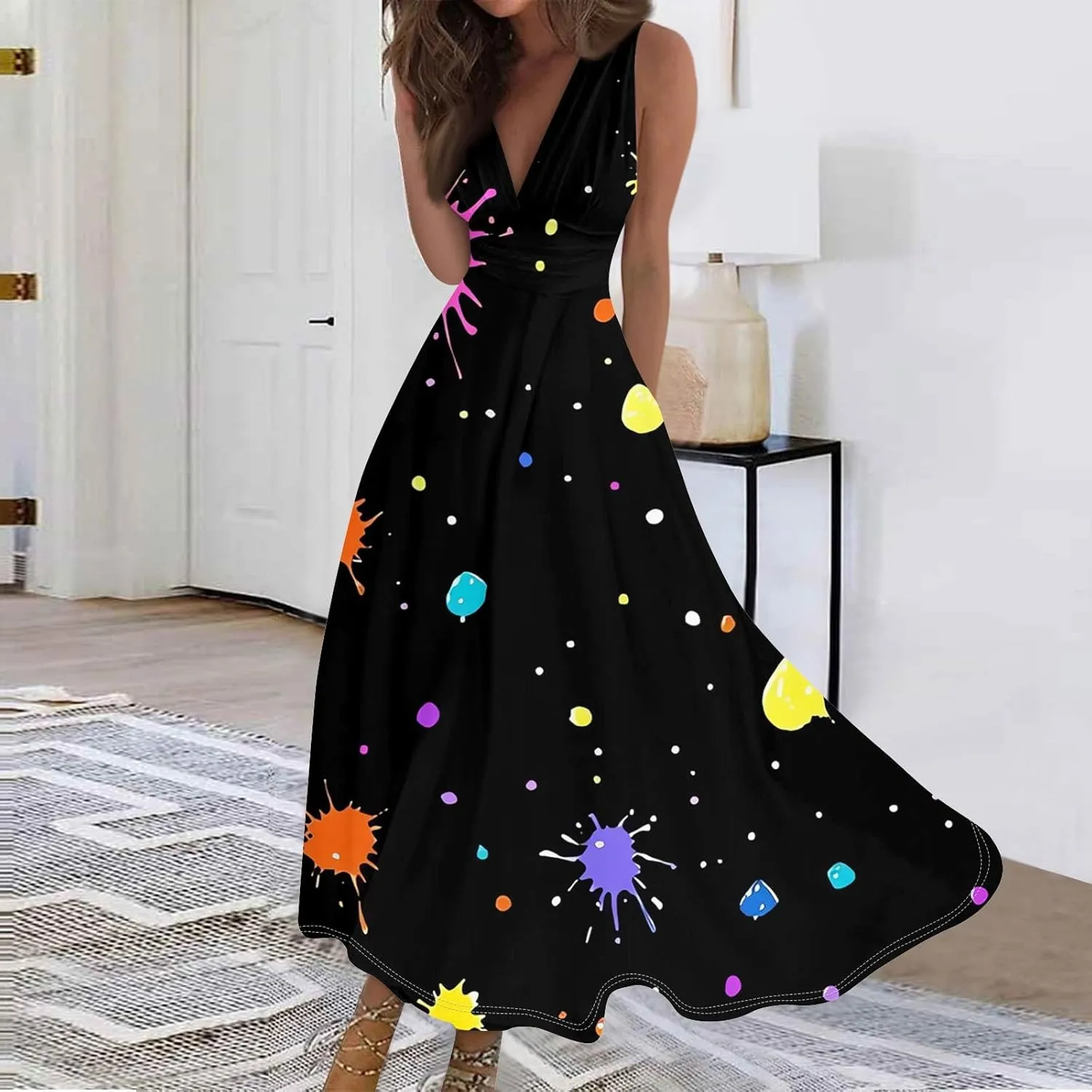 Maxi Dresses for Women 2025 Casual Trendy Summer A Line Flowy Dress Floral V Neck Sleeveless Formal Sundresses