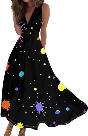Maxi Dresses for Women 2025 Casual Trendy Summer A Line Flowy Dress Floral V Neck Sleeveless Formal Sundresses