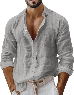 Mens Casual Tops Long Sleeve Cotton Gauze Shirts Buttons Down Solid Plain Band Collar Summer Beach Hippie Shirt