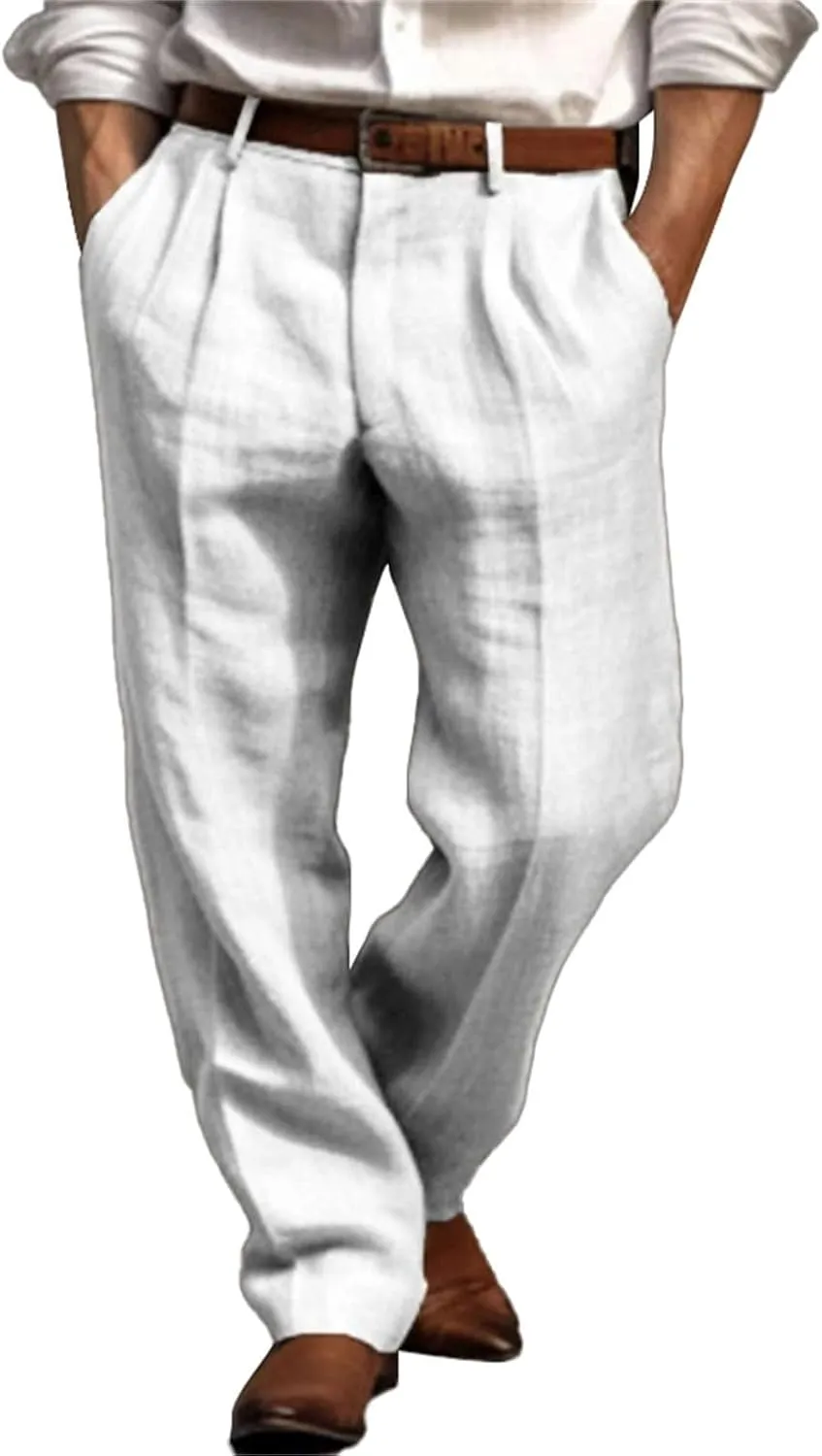 Mens Dress Pants Relaxed Fit Casual Cotton Linen Pleated Front Work Suit Pants Straight Leg Slacks Comfort Trousers