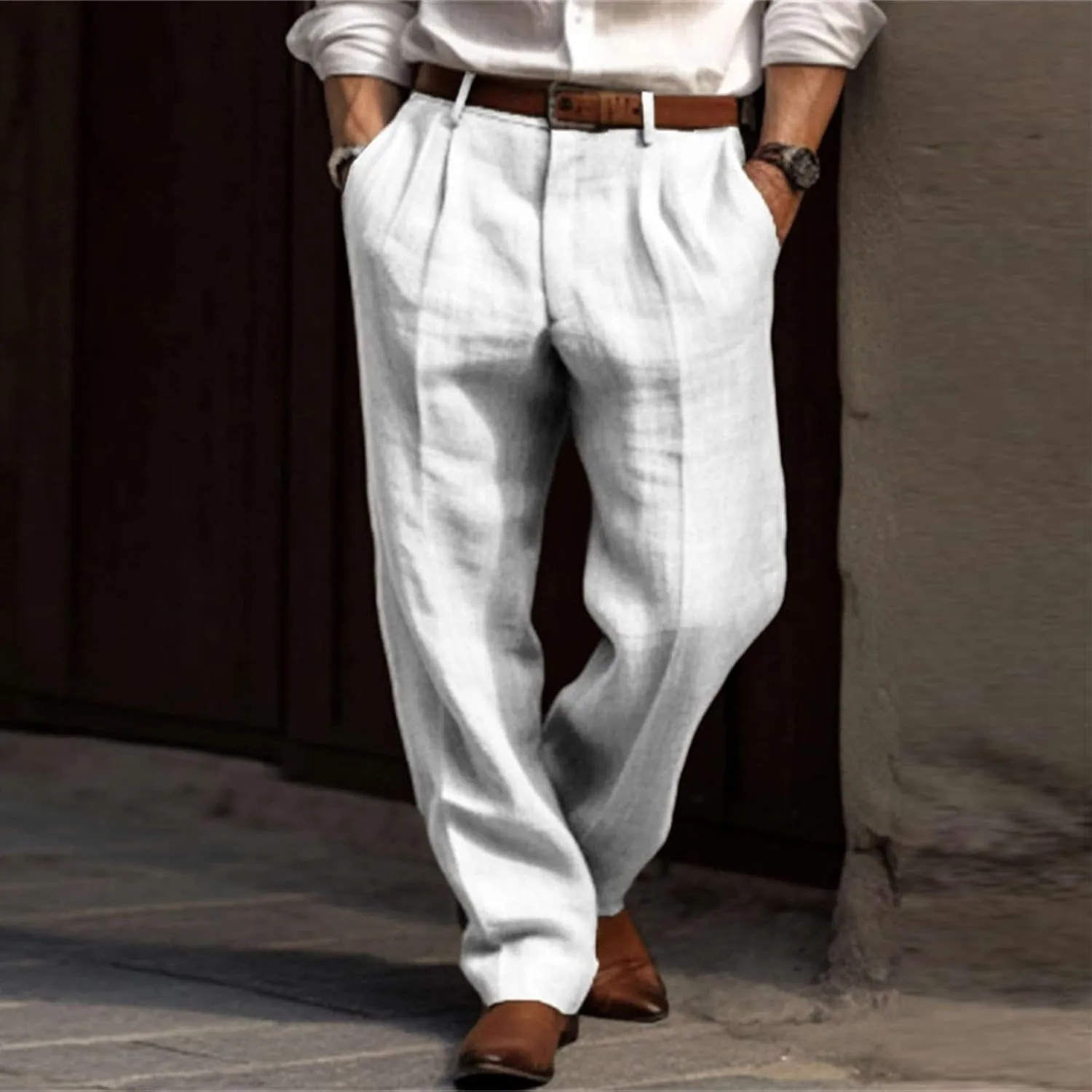 Mens Dress Pants Relaxed Fit Casual Cotton Linen Pleated Front Work Suit Pants Straight Leg Slacks Comfort Trousers
