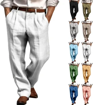 Mens Dress Pants Relaxed Fit Casual Cotton Linen Pleated Front Work Suit Pants Straight Leg Slacks Comfort Trousers