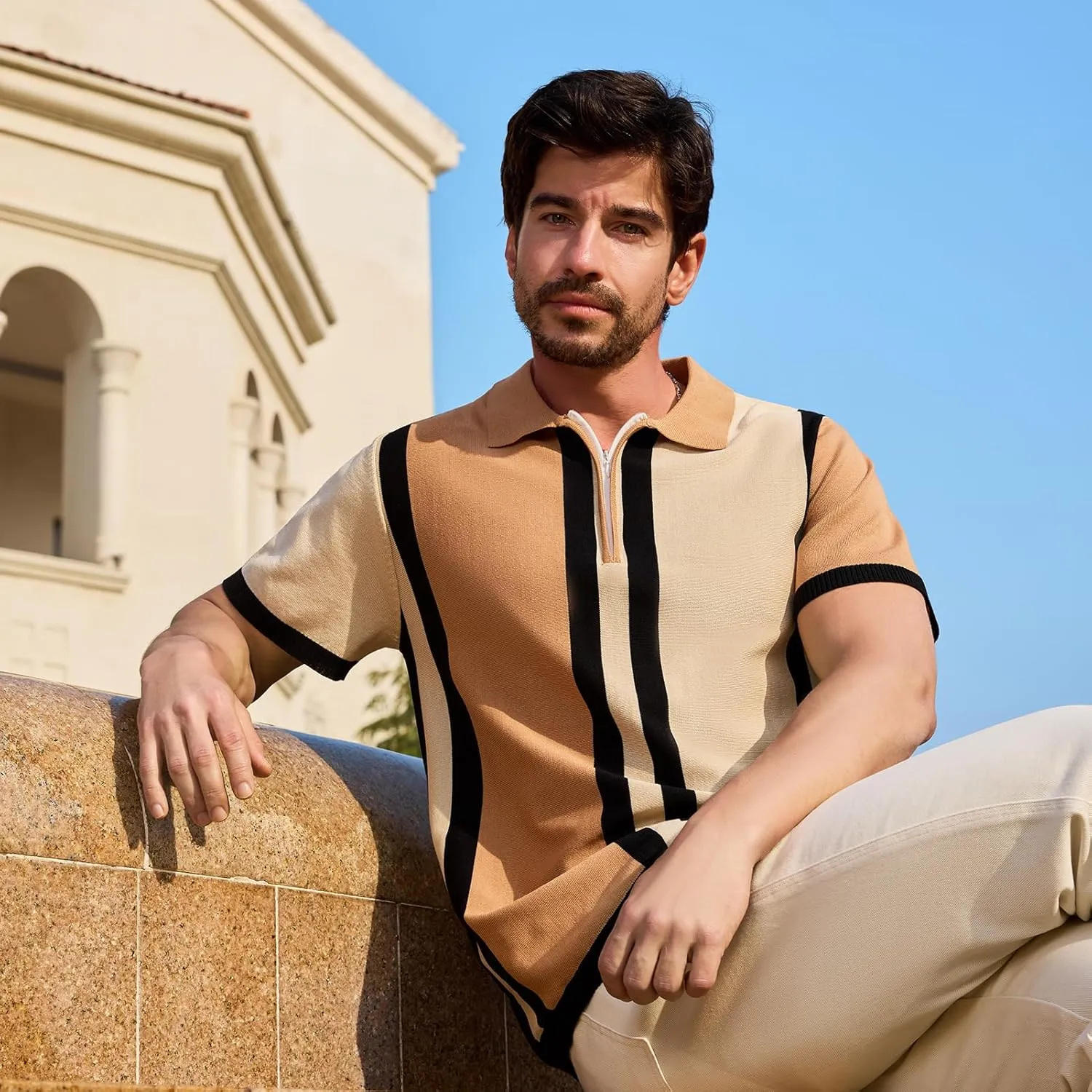 Men's Fashion Knit Polo Shirts Vintage Striped Knitting Shirts Ribbed Slim Fit Golf Shirts