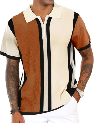 Men's Fashion Knit Polo Shirts Vintage Striped Knitting Shirts Ribbed Slim Fit Golf Shirts