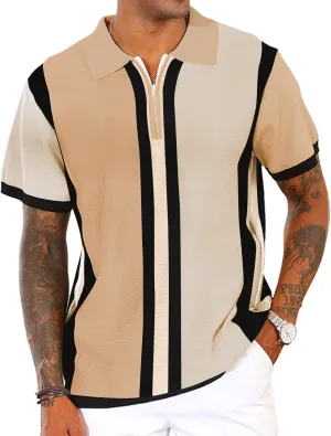 Men's Fashion Knit Polo Shirts Vintage Striped Knitting Shirts Ribbed Slim Fit Golf Shirts