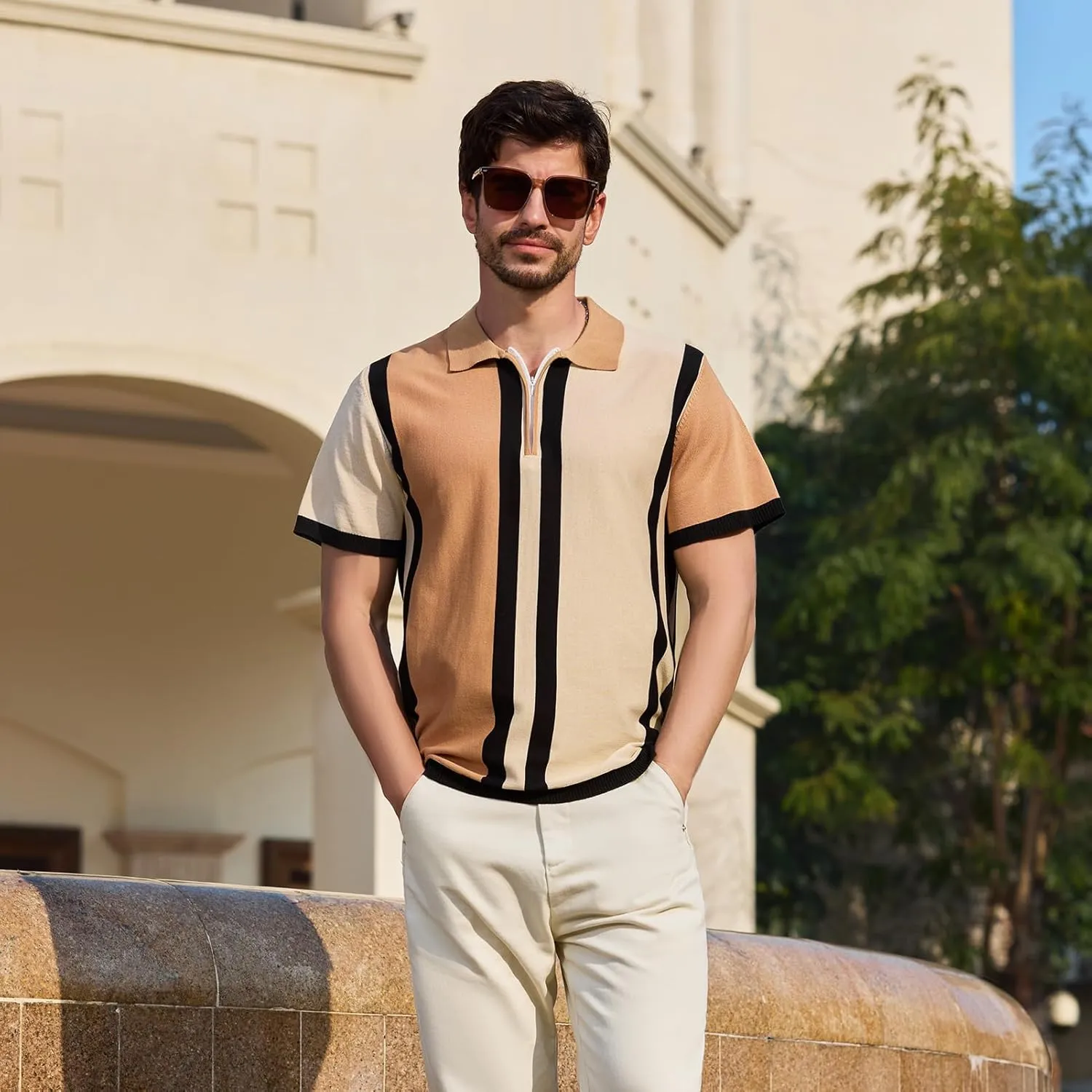 Men's Fashion Knit Polo Shirts Vintage Striped Knitting Shirts Ribbed Slim Fit Golf Shirts
