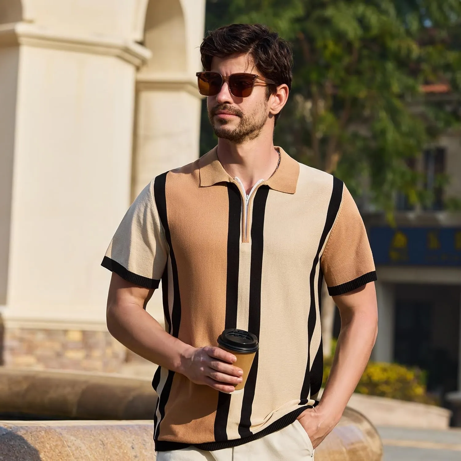 Men's Fashion Knit Polo Shirts Vintage Striped Knitting Shirts Ribbed Slim Fit Golf Shirts