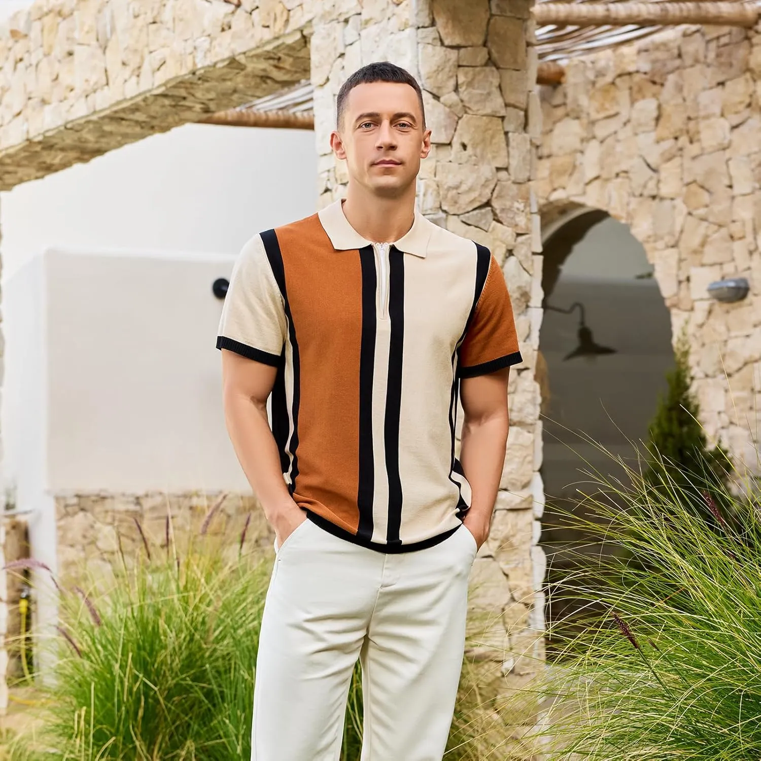 Men's Fashion Knit Polo Shirts Vintage Striped Knitting Shirts Ribbed Slim Fit Golf Shirts