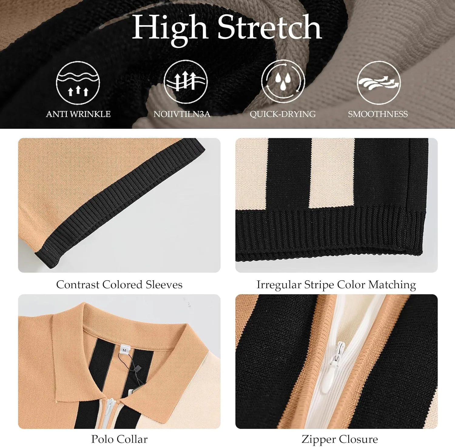 Men's Fashion Knit Polo Shirts Vintage Striped Knitting Shirts Ribbed Slim Fit Golf Shirts