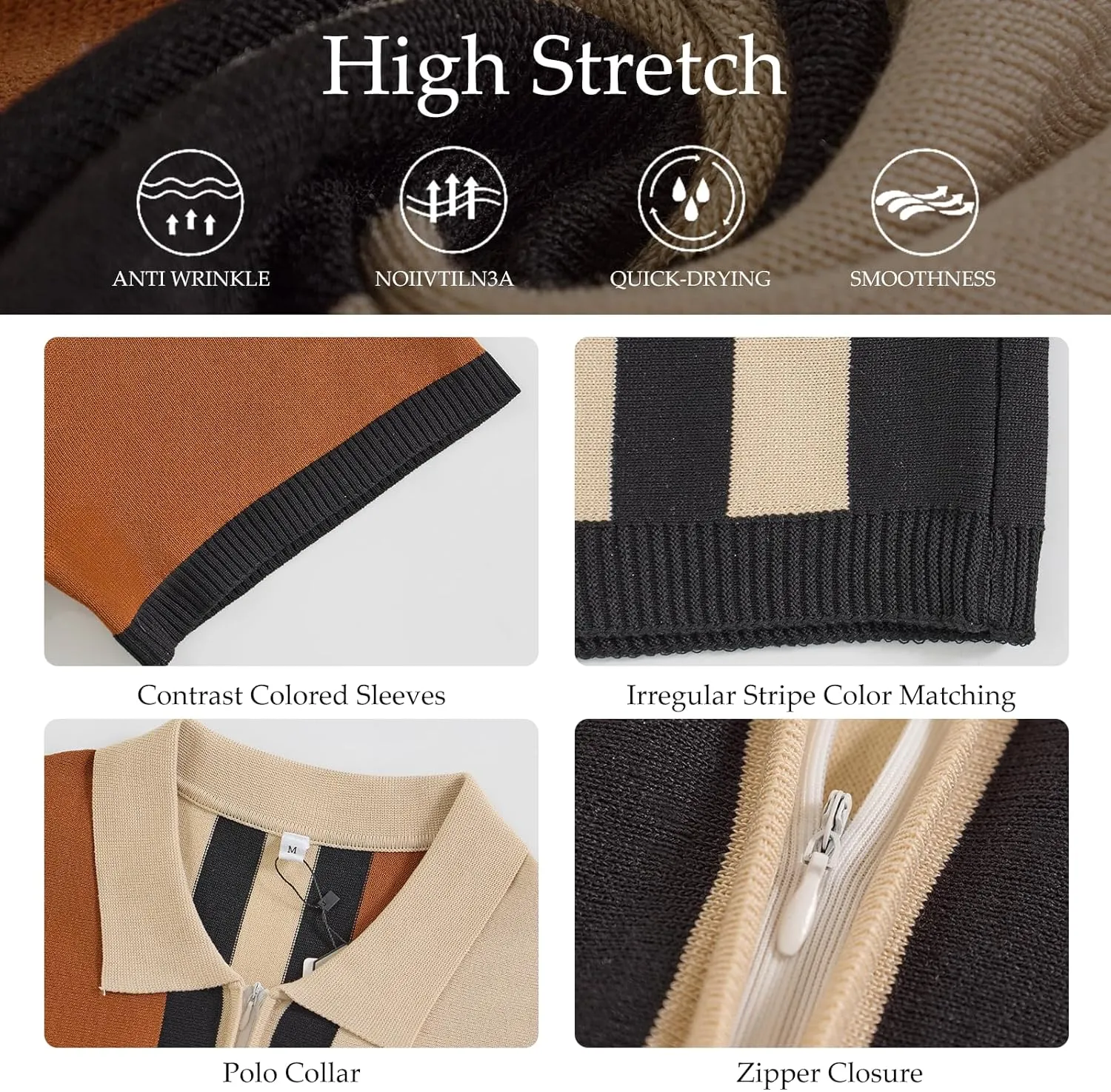 Men's Fashion Knit Polo Shirts Vintage Striped Knitting Shirts Ribbed Slim Fit Golf Shirts