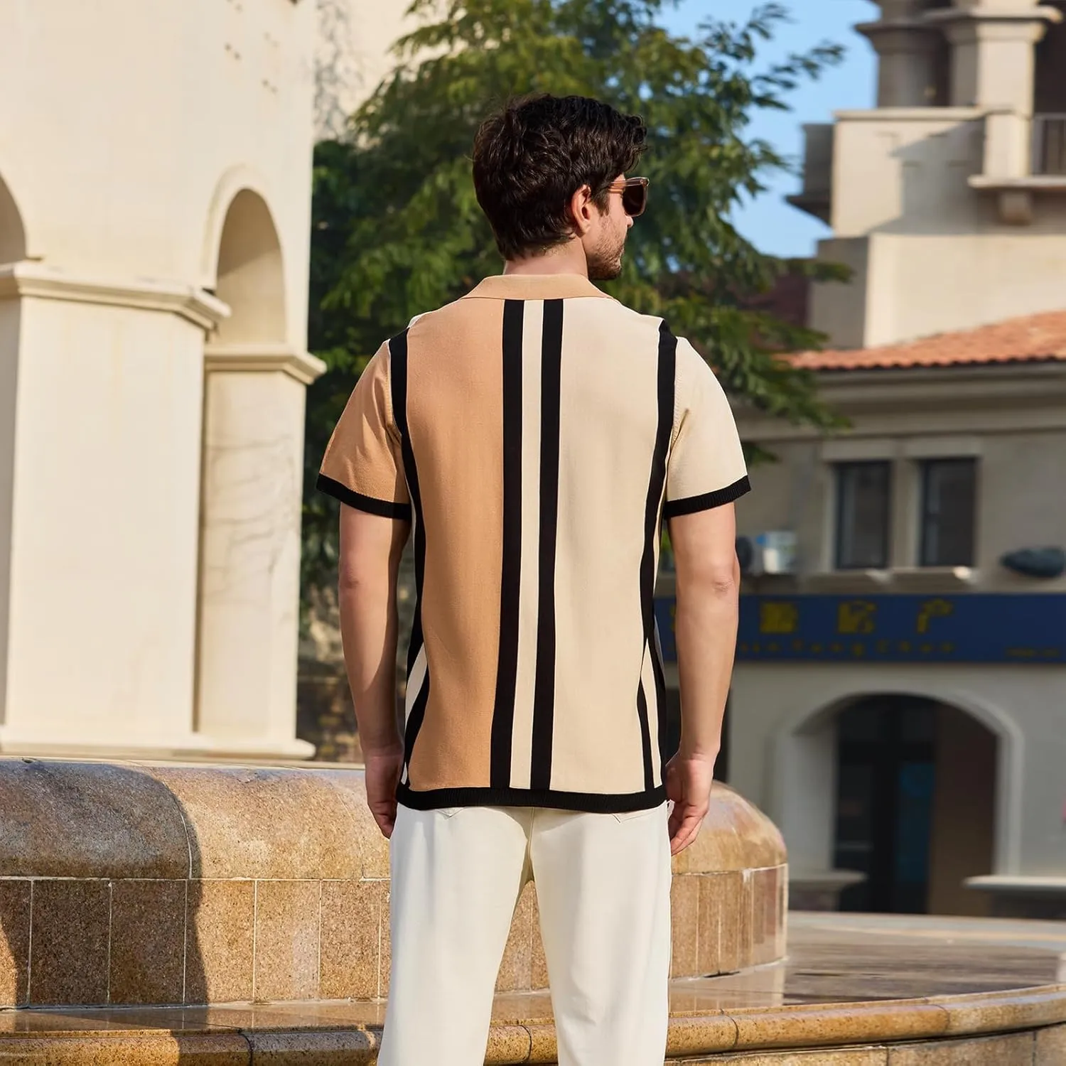 Men's Fashion Knit Polo Shirts Vintage Striped Knitting Shirts Ribbed Slim Fit Golf Shirts