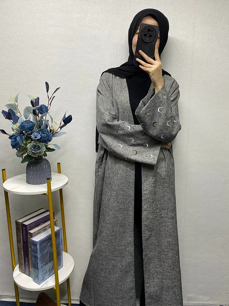 Middle Eastern Style Linen Heart Moon Embroidery Open Abaya Kimono