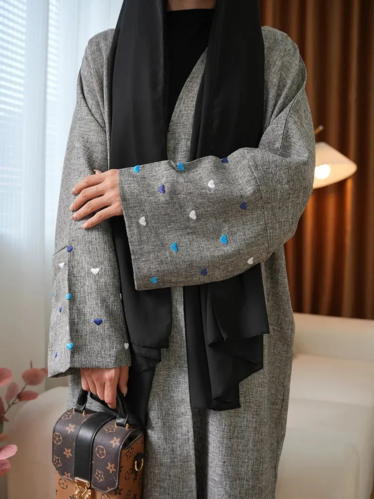 Middle Eastern Style Linen Heart Moon Embroidery Open Abaya Kimono