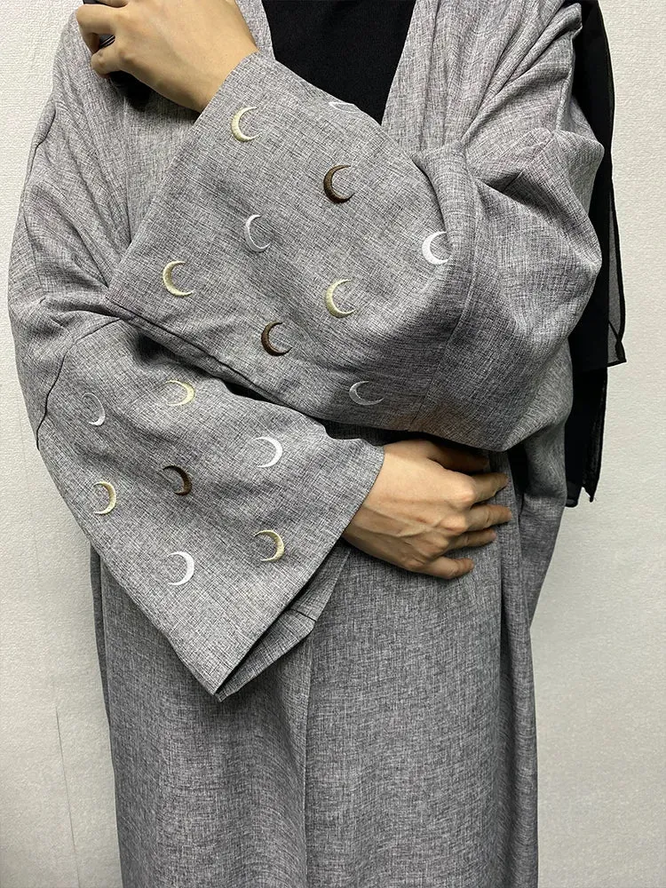 Middle Eastern Style Linen Heart Moon Embroidery Open Abaya Kimono