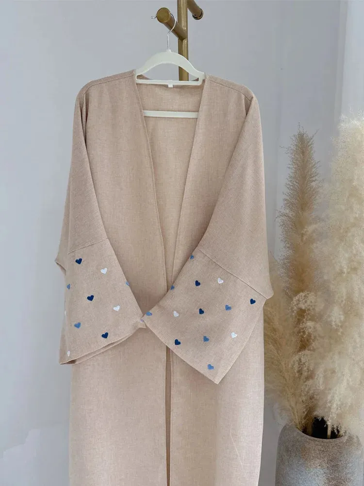 Middle Eastern Style Linen Heart Moon Embroidery Open Abaya Kimono
