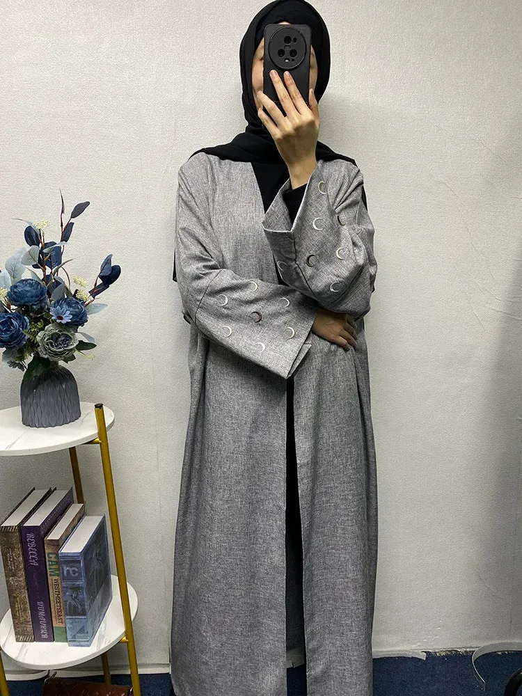 Middle Eastern Style Linen Heart Moon Embroidery Open Abaya Kimono