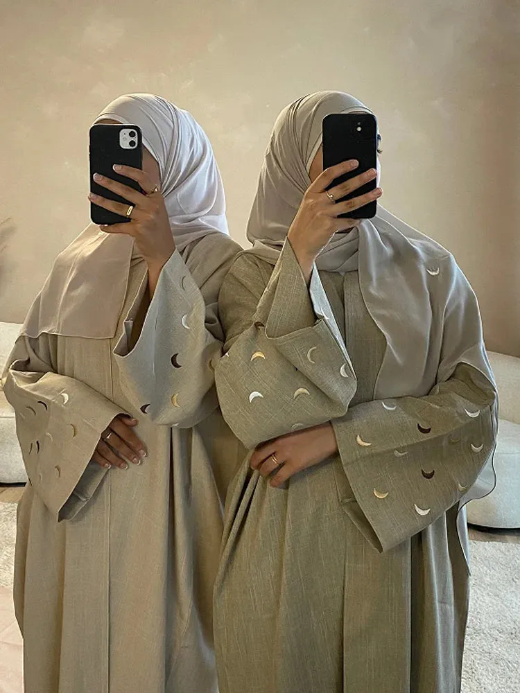Middle Eastern Style Linen Heart Moon Embroidery Open Abaya Kimono