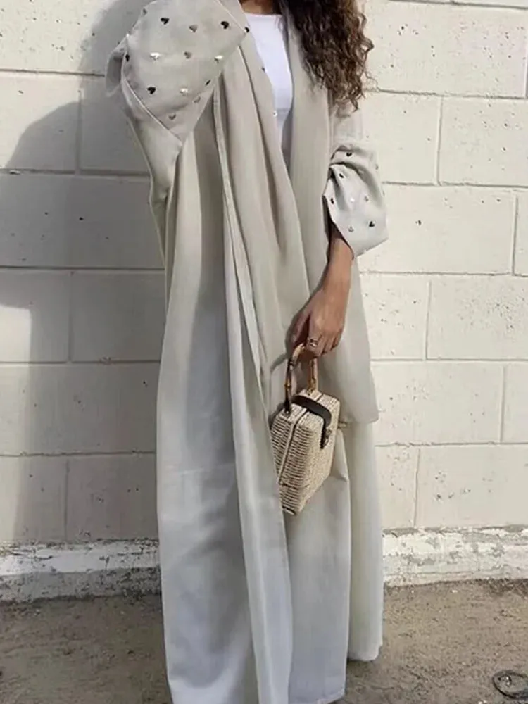Middle Eastern Style Linen Heart Moon Embroidery Open Abaya Kimono