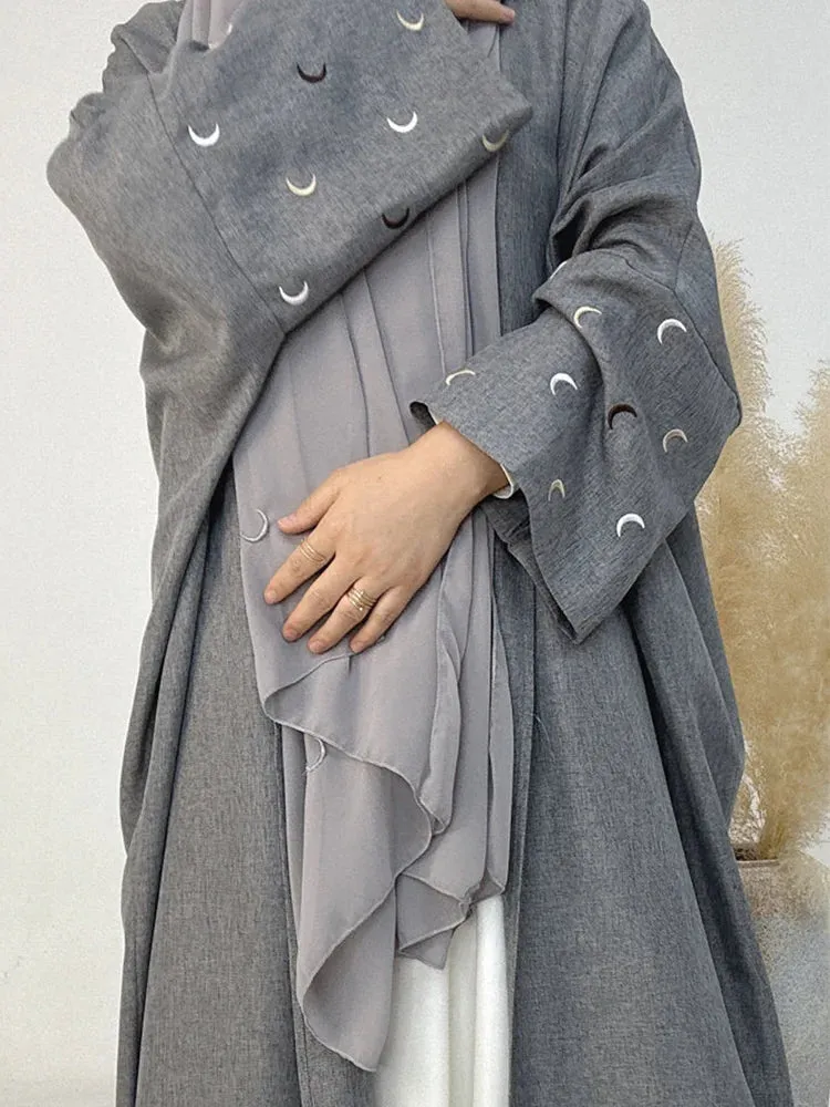 Middle Eastern Style Linen Heart Moon Embroidery Open Abaya Kimono