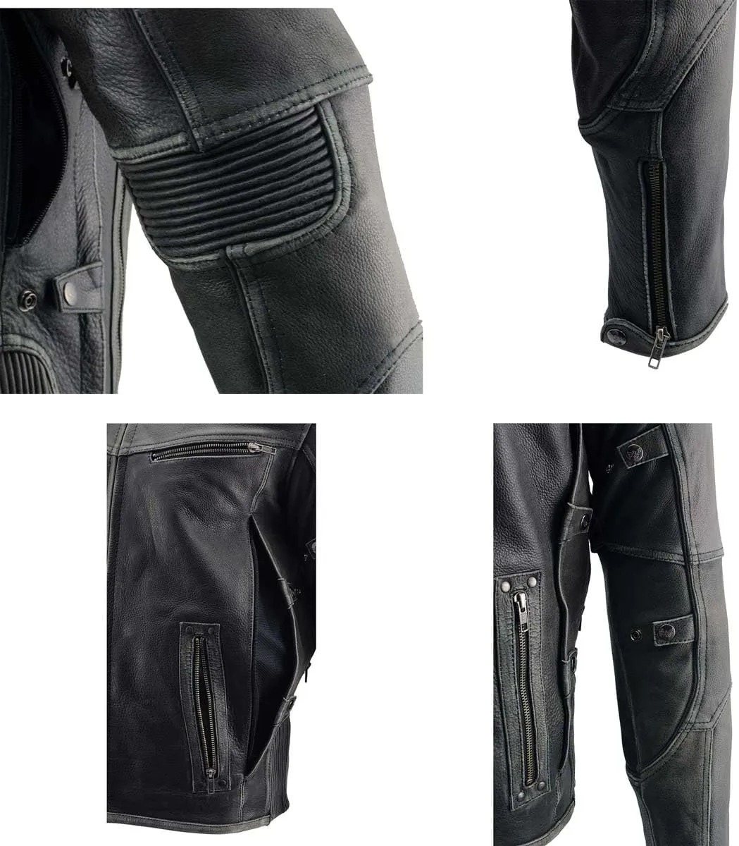 Milwaukee Leather MLM1536 Mens Vintage Distressed Grey Leather Scooter Style Motorcycle Jacket - Reflective Piping