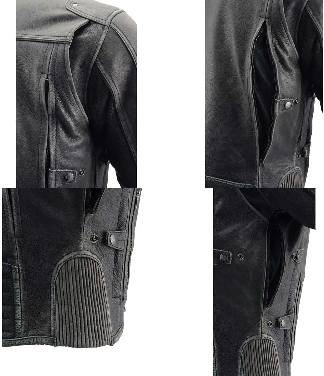 Milwaukee Leather MLM1536 Mens Vintage Distressed Grey Leather Scooter Style Motorcycle Jacket - Reflective Piping