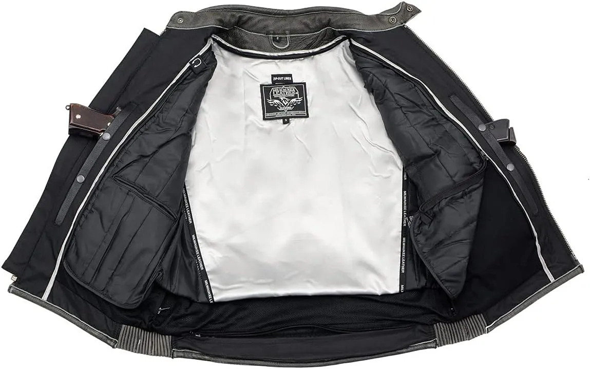 Milwaukee Leather MLM1536 Mens Vintage Distressed Grey Leather Scooter Style Motorcycle Jacket - Reflective Piping