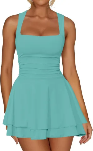 Mini Dress for Women Summer Square Neck Sleeveless Dresses Tiered Ruched Waist Bodycon Flowy A-Line Party Outfits