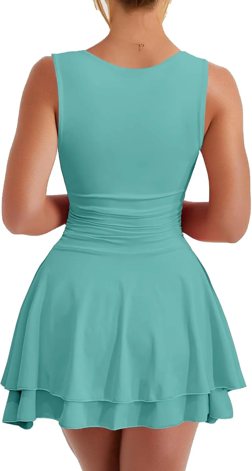Mini Dress for Women Summer Square Neck Sleeveless Dresses Tiered Ruched Waist Bodycon Flowy A-Line Party Outfits