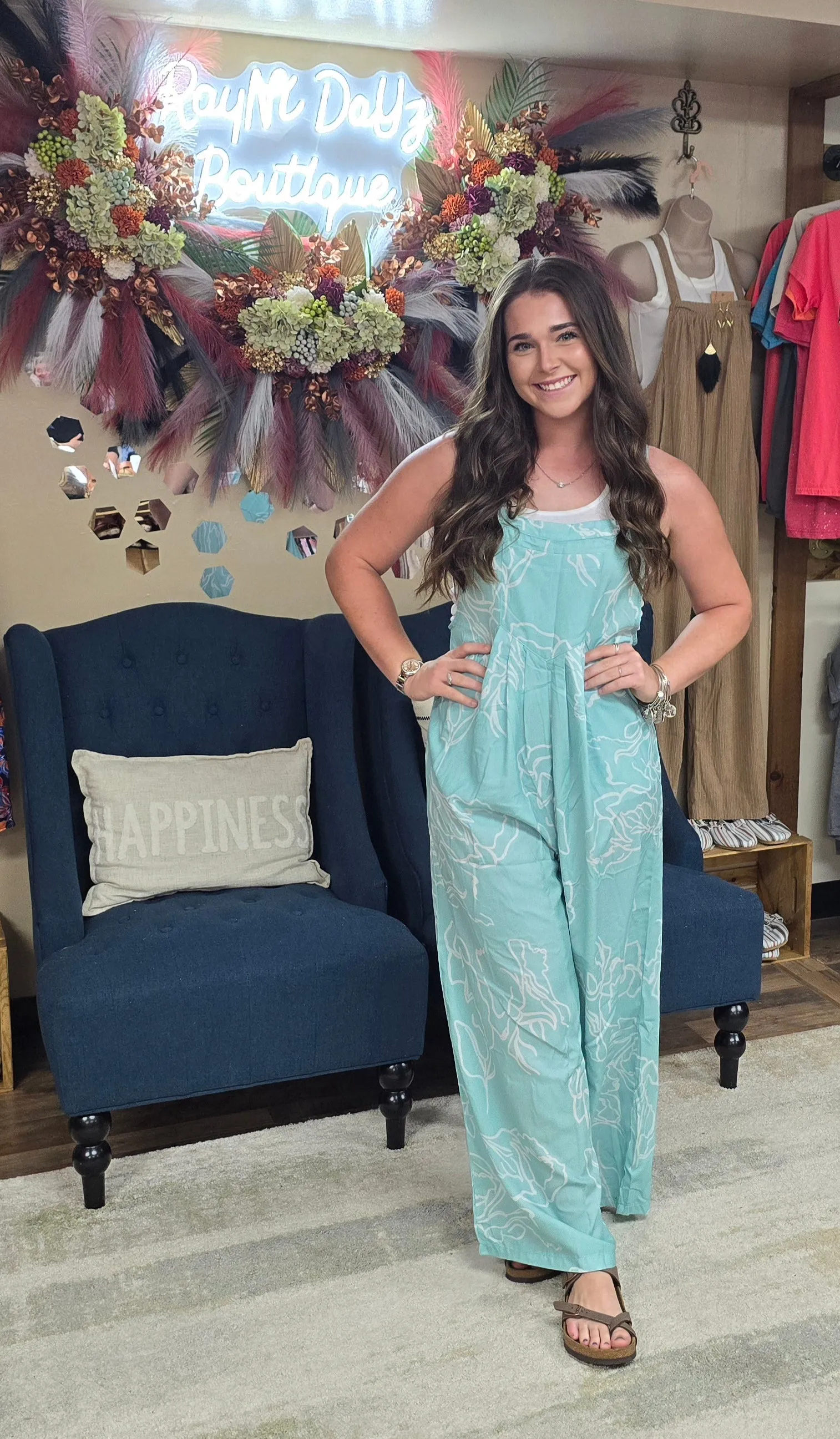 Moonlight Jade Printed Bib Wide Leg Overalls
