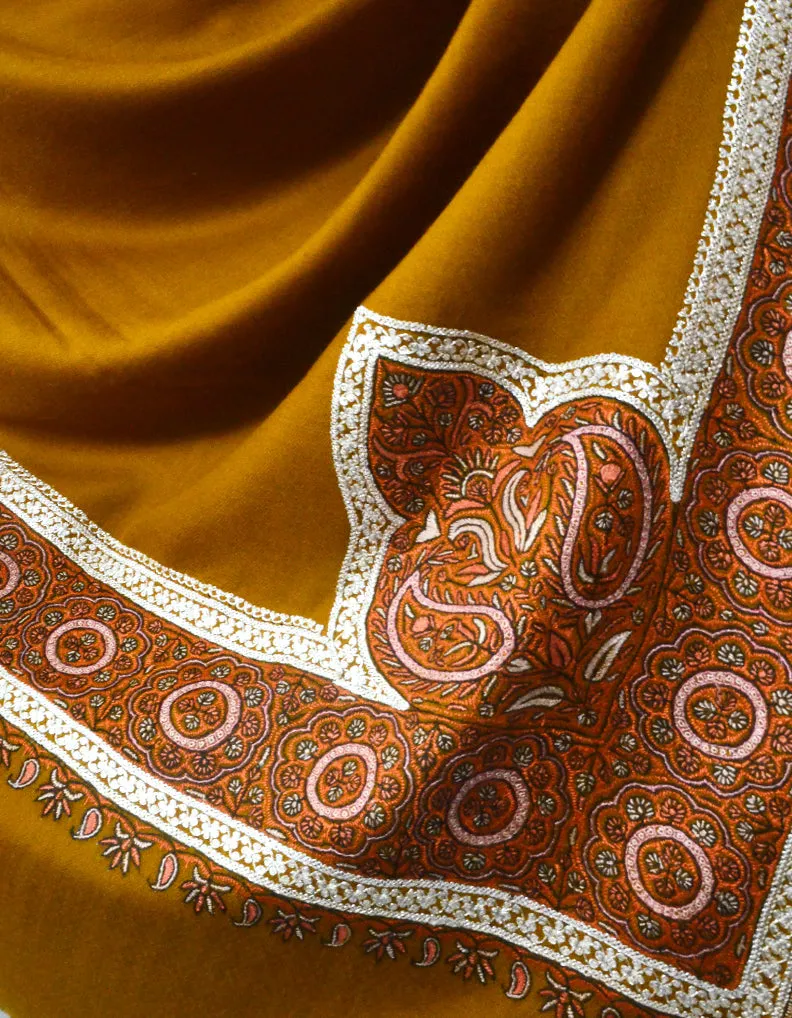 Mustard Brown Pashmina Shawl With Tilla & Sozni Work 5702