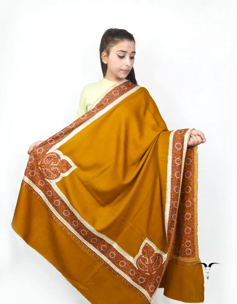 Mustard Brown Pashmina Shawl With Tilla & Sozni Work 5702