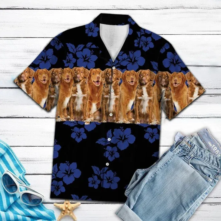 Nova Scotia Duck Tolling Retriever On Navy Hibiscus Hawaiian Shirt, Short Sleeve Hawaiian Aloha Shirt for men and women
