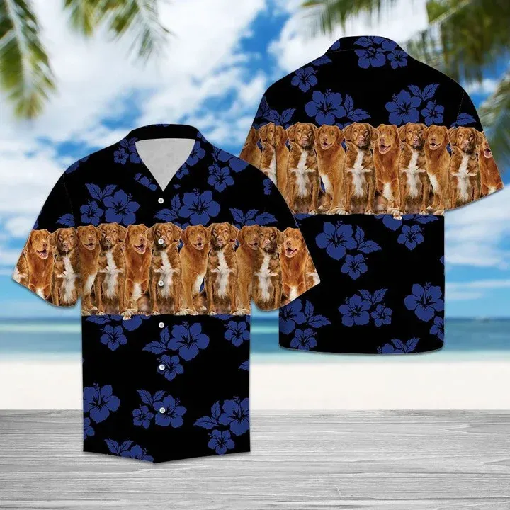 Nova Scotia Duck Tolling Retriever On Navy Hibiscus Hawaiian Shirt, Short Sleeve Hawaiian Aloha Shirt for men and women