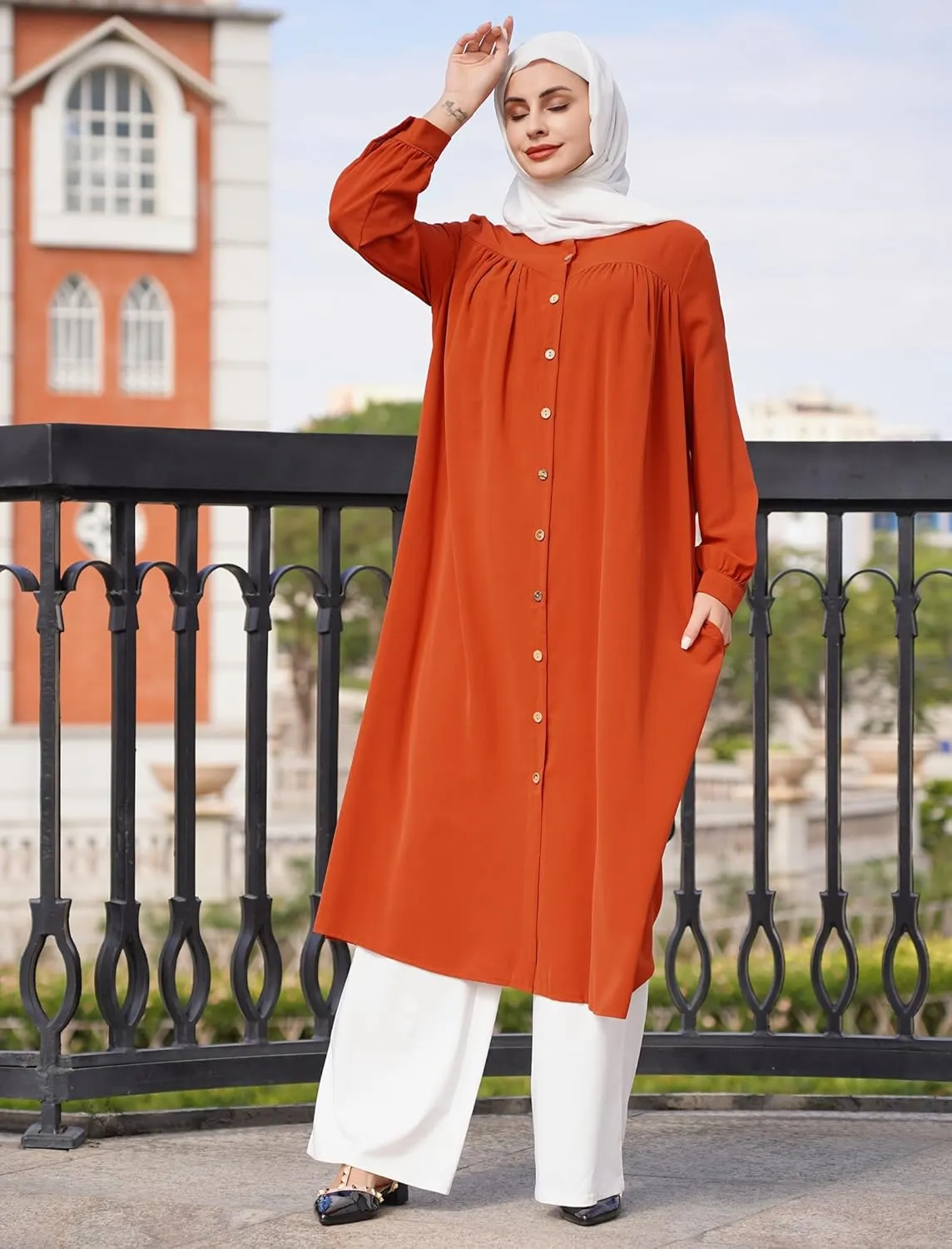 ODIZLI Women's Muslim Long Sleeve Button Down Abaya Casual Dress Dubai Outfits