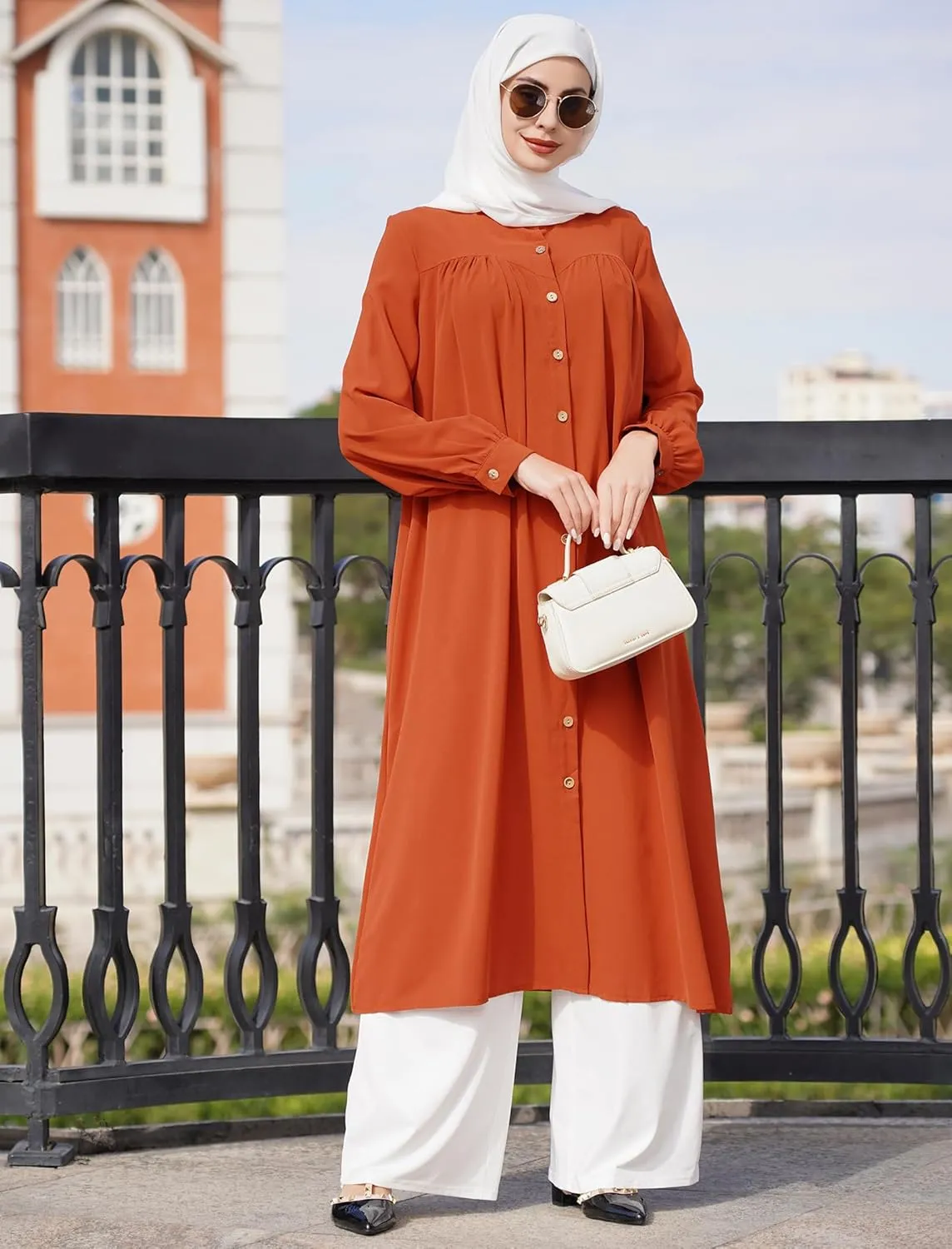ODIZLI Women's Muslim Long Sleeve Button Down Abaya Casual Dress Dubai Outfits