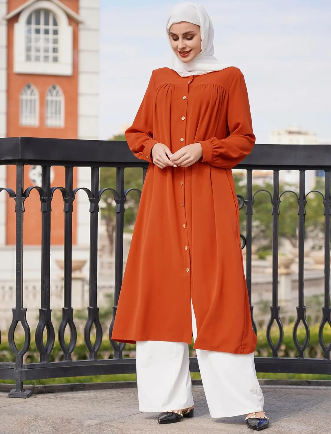 ODIZLI Women's Muslim Long Sleeve Button Down Abaya Casual Dress Dubai Outfits