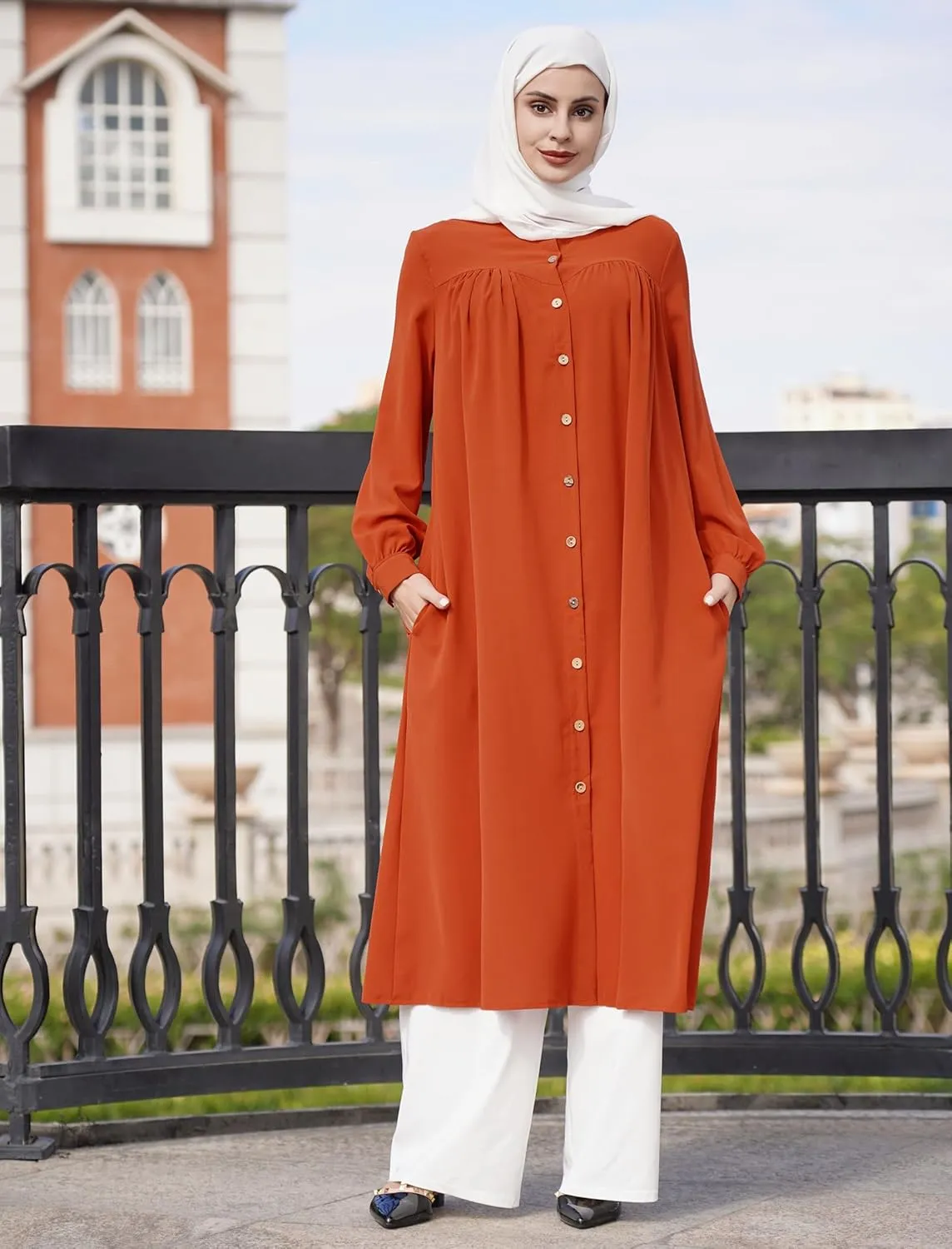 ODIZLI Women's Muslim Long Sleeve Button Down Abaya Casual Dress Dubai Outfits