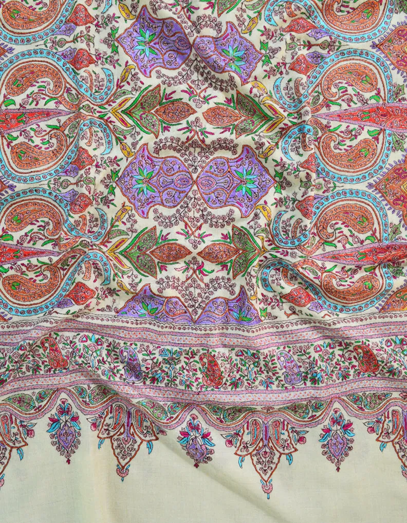 Off White Pashmina Sozni Jamavaar Shawl 5945