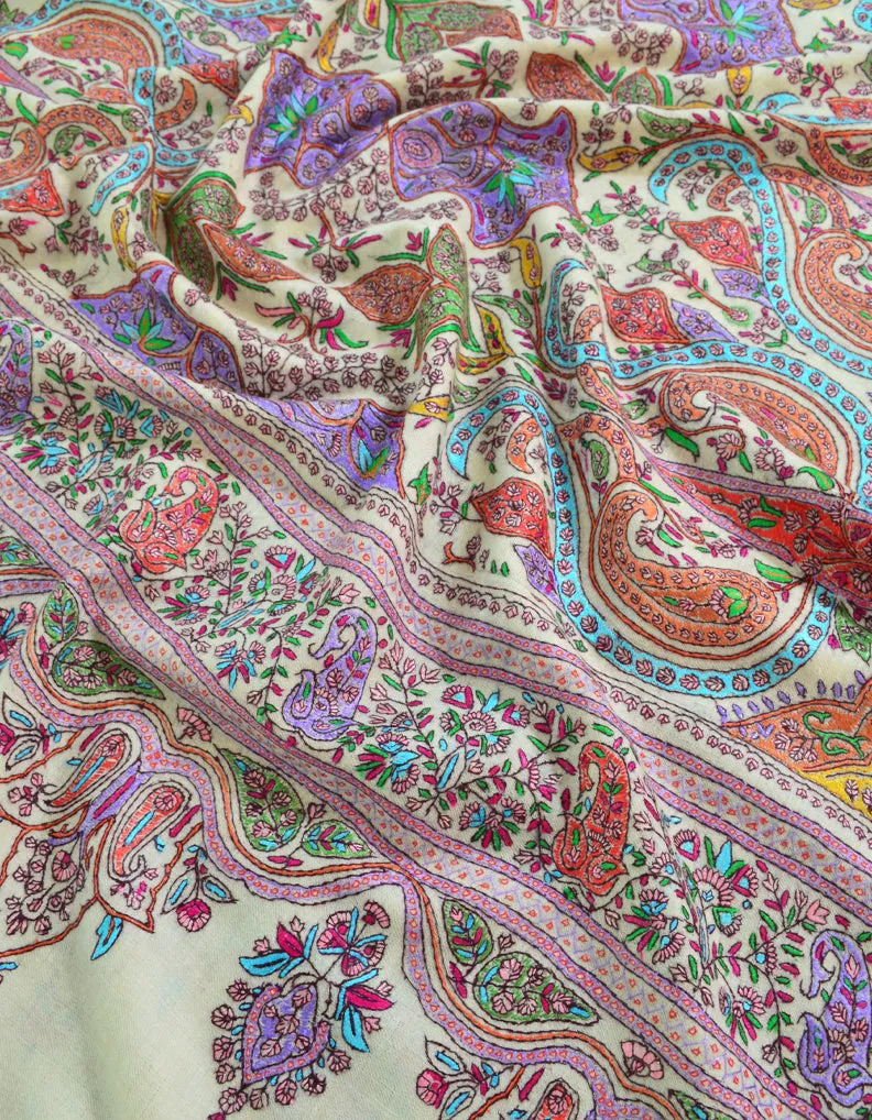 Off White Pashmina Sozni Jamavaar Shawl 5945