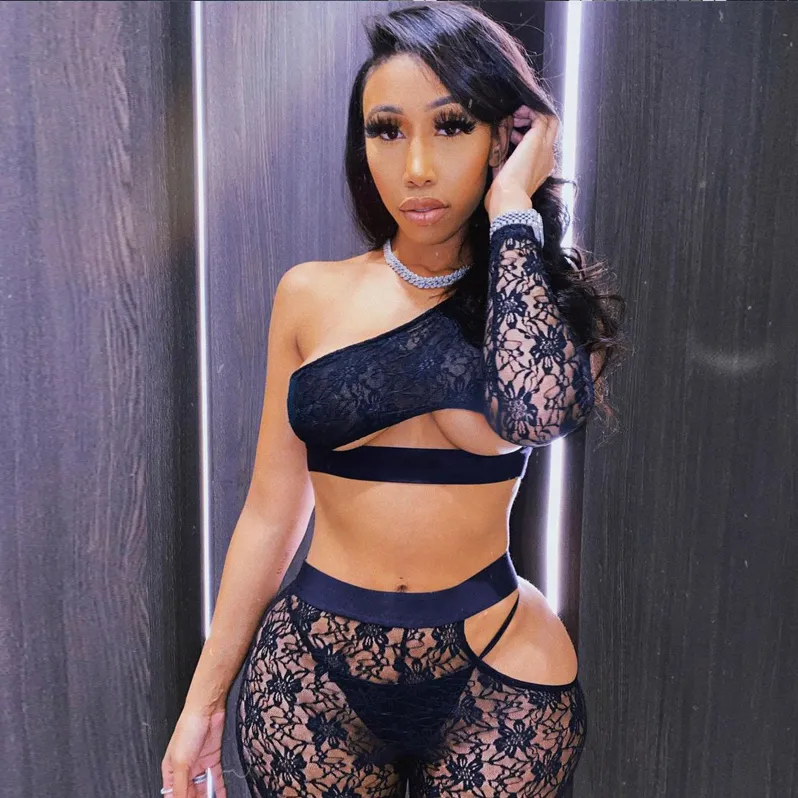 One -Shoulder Patchwork Lace Clubbing Set