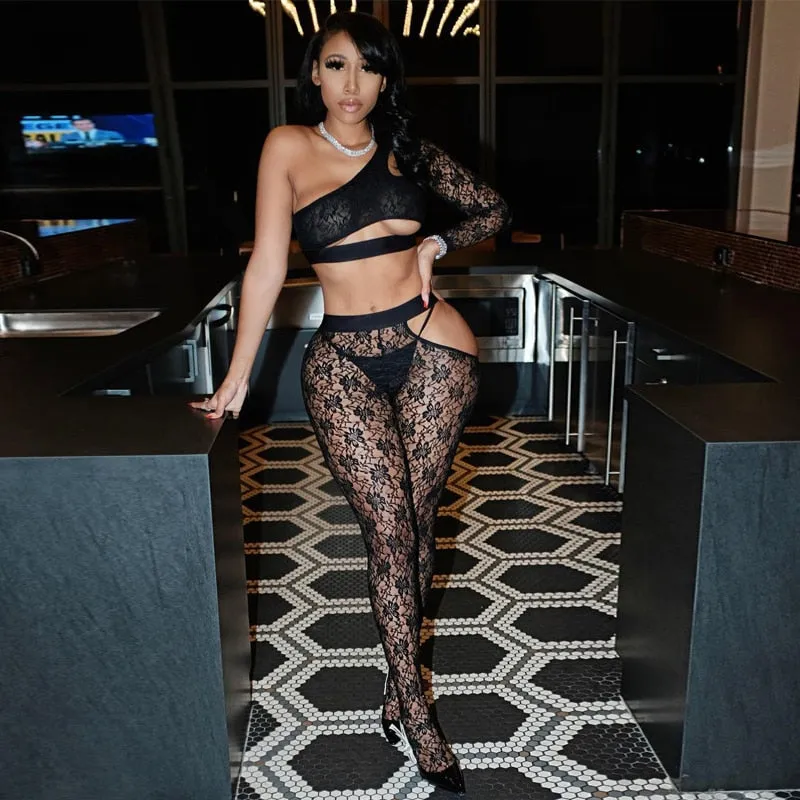 One -Shoulder Patchwork Lace Clubbing Set