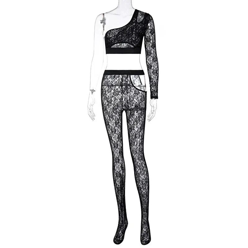 One -Shoulder Patchwork Lace Clubbing Set
