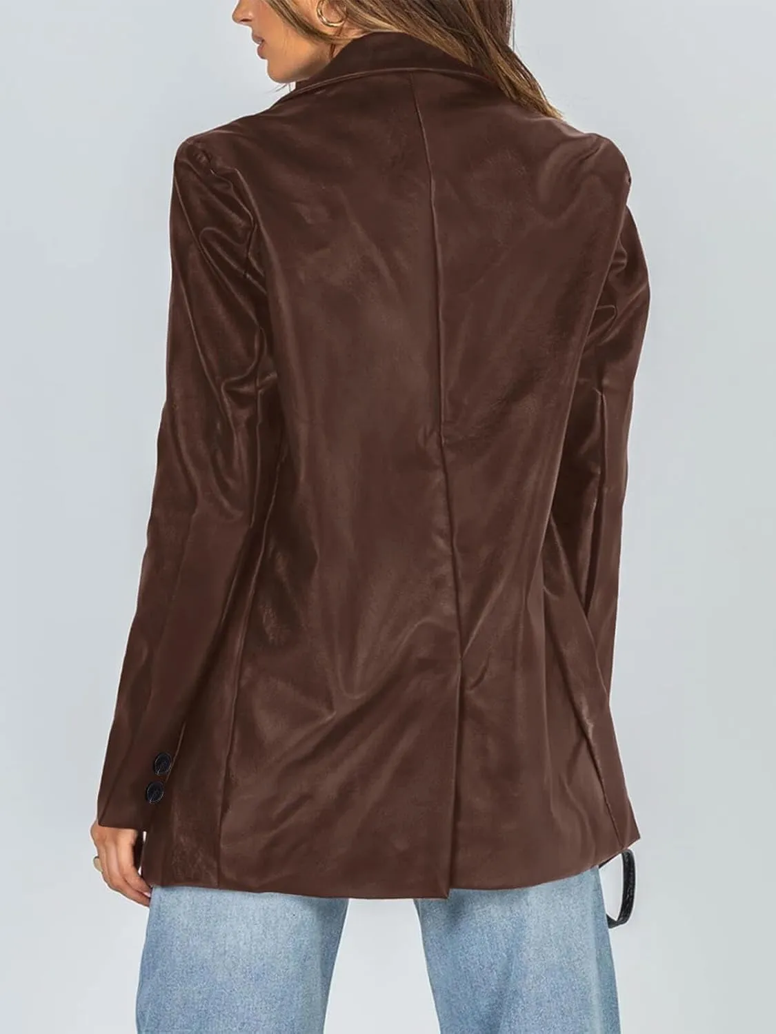 Pepochic Womens Oversized Leather Jacket Long Sleeve Faux Leather Blazer Lapel Button Down Leather Shacket Coat with Pockets