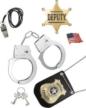 Police Badge and Pretend Play Toy Set - Metal Handcuffs With Key, American Flag Waving Lapel Pins, Whistle, NYPD Deputy Badge - Halloween Dress Up Accessory - Black