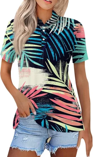 Polo Shirts for Women Hawaiian Short Sleeve Summer Tops Oversized Side Slit Collared Casual Golf Outfits
