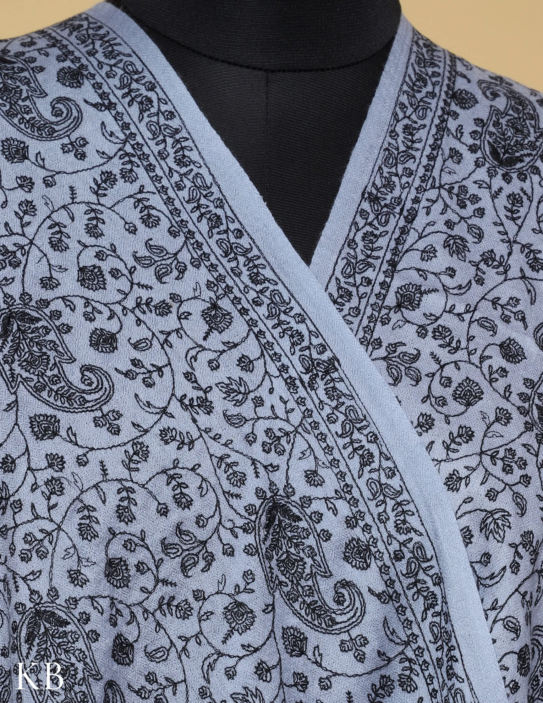 Powder Blue Sozni Jali Embroidered Woolen Shawl